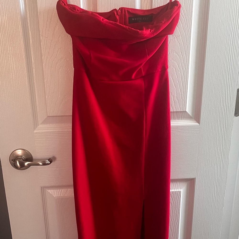 White Fox Red Strapless Midi Dress with Slit